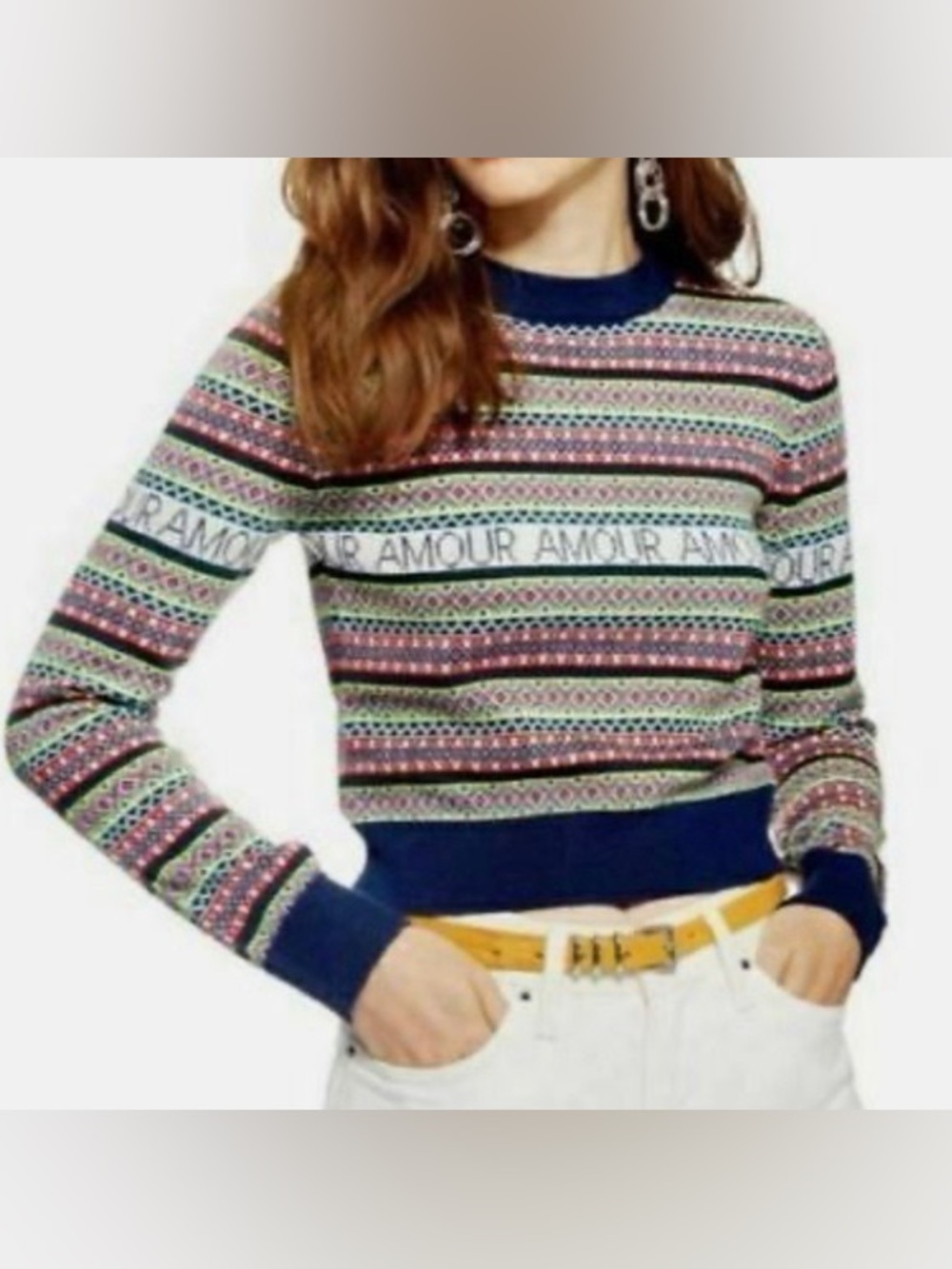 Topshop Amour Multicolor Fair Isle Cropped Sweater Wool Blend Size US 4